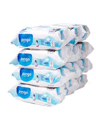 Toallitas biodegradables sin perfume Pingo, 12 Paquetes de 80 Unidades