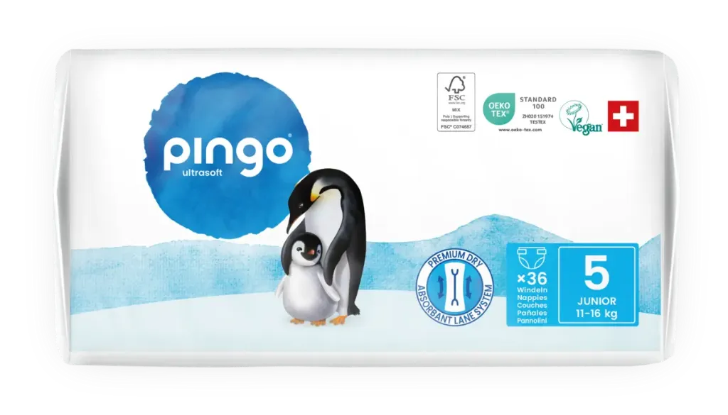 New - Pingo ecological diapers Size 5 (11-16 kg) - box of 4 bags x 36 units
