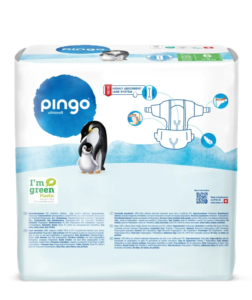 New - Pingo ecological diapers Size 6 (13-18 kg) - box of 4 bags x 32 units