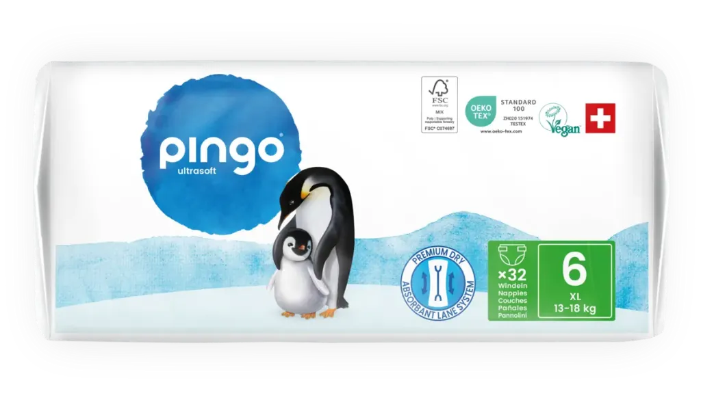New - Pingo ecological diapers Size 6 (13-18 kg) - box of 4 bags x 32 units