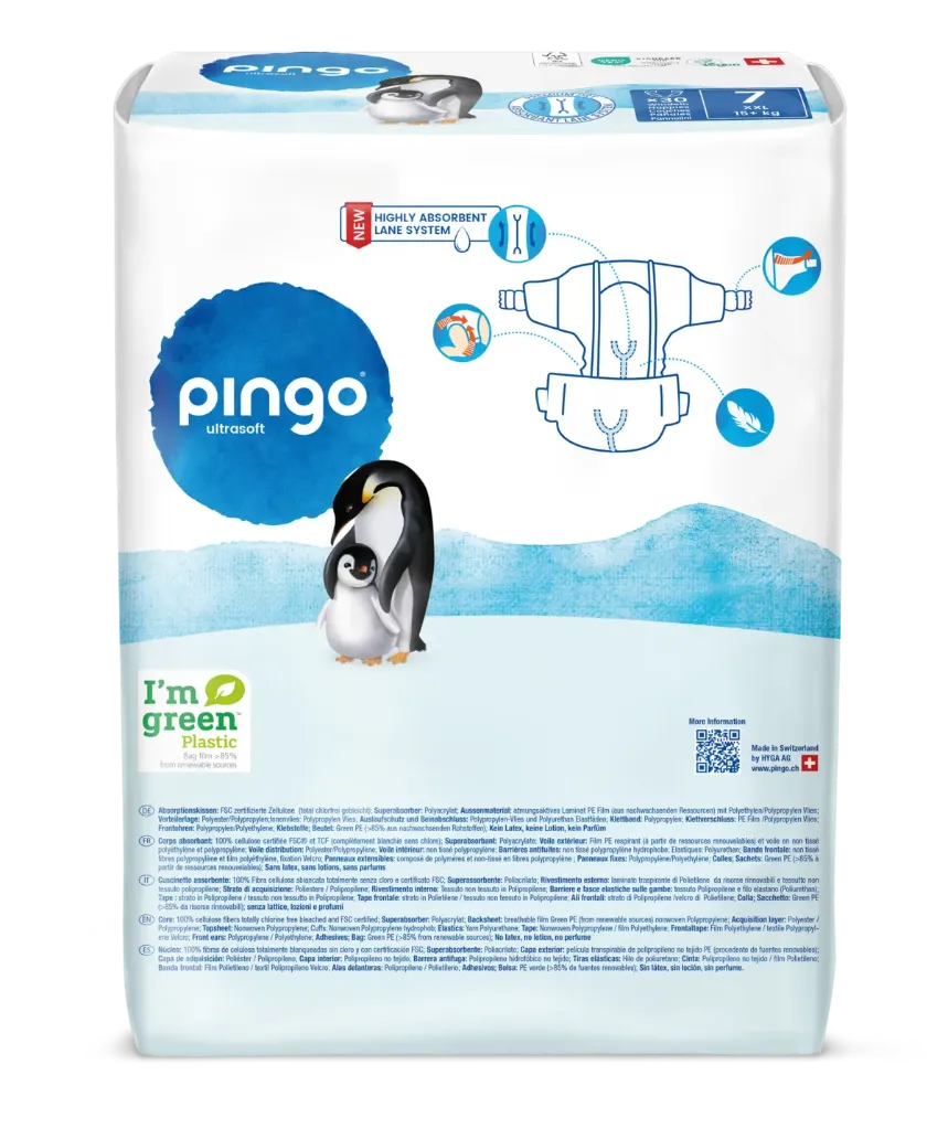 New - Pingo ecological diapers Size 7 (+15 kg) - box of 4 bags x 30 units