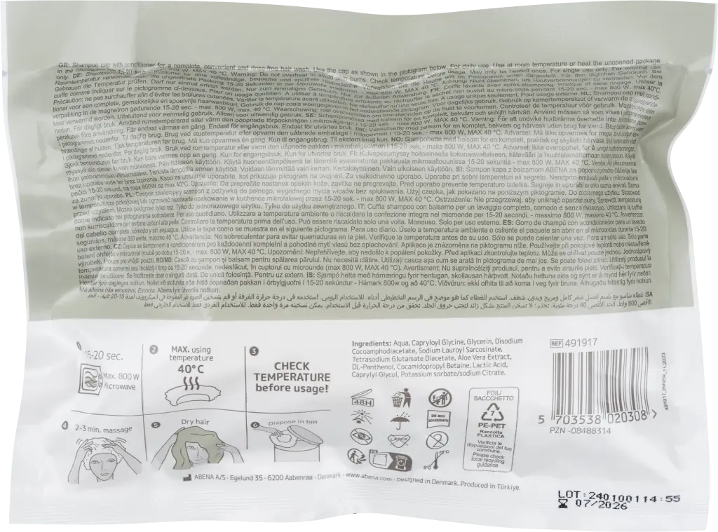 Abena Gorro con Champú y Acondicionador sin Enjuague – caja de 30 x 1 ud