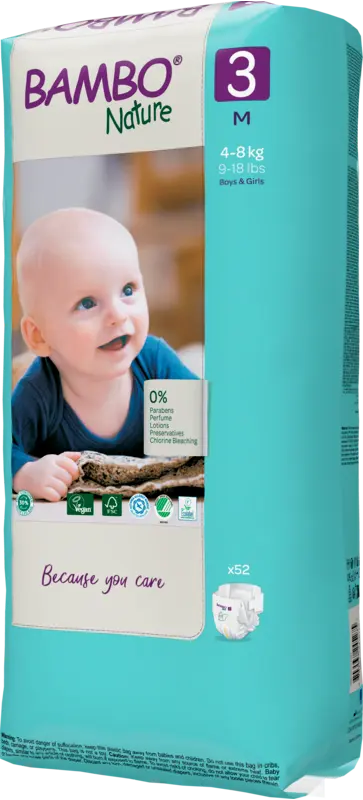 Bambo Nature Pañales Talla 3 (4–8 kg) - Gran Formato - caja de 3 bolsas x 52 uds