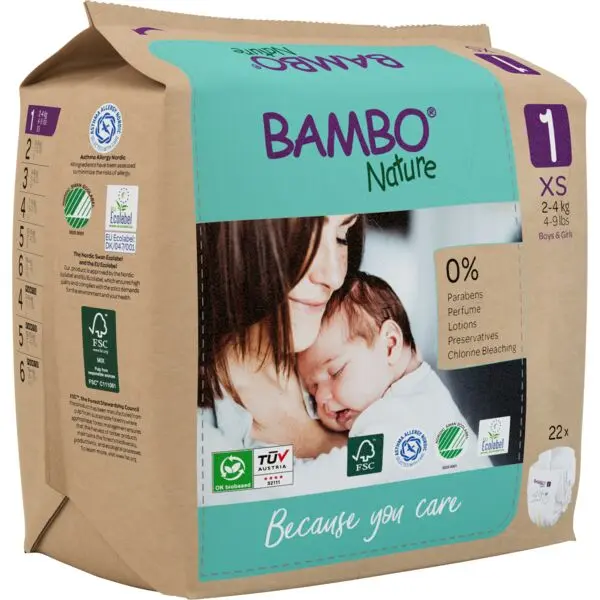 Bambo Nature Pañales Talla 1 (2-4 kg) - caja de 6 bolsas x 22 uds