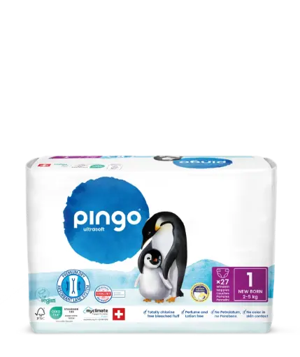 [0482-00] Nuevo - Pingo pañales ecológicos Talla 1 (2-5 Kg) - caja de 4 bolsas x 27 uds